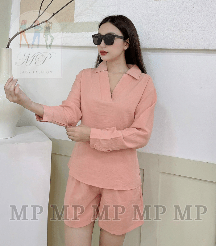 Set bộ nữ áo cổ sơ mi tay dài cổ xẻ chất linen sang mịn